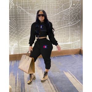 Letters Embroidery Hoodie Crop Top Pants Outfit